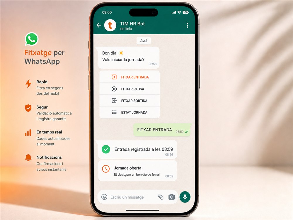 Fitxatge automatitzat per WhatsApp amb TIM HR per a teletreball i treball itinerant